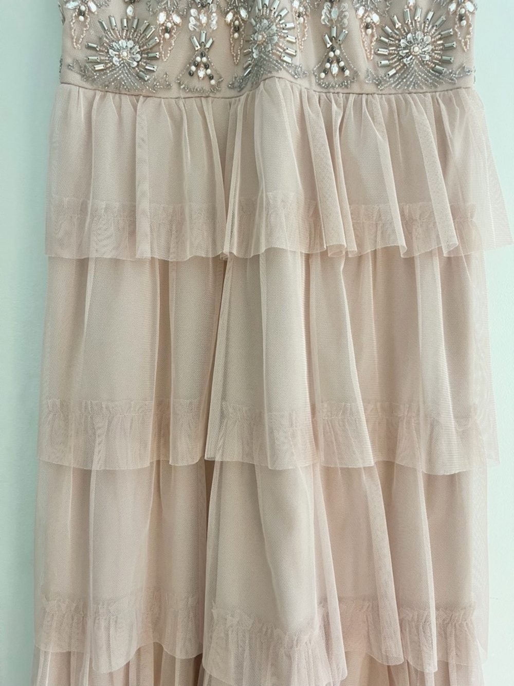 Adrianna Papell Blush Pink Tiered Tulle Skirt Beaded Bodice Ball Gown Dress Sz 6 - Picture 7 of 15